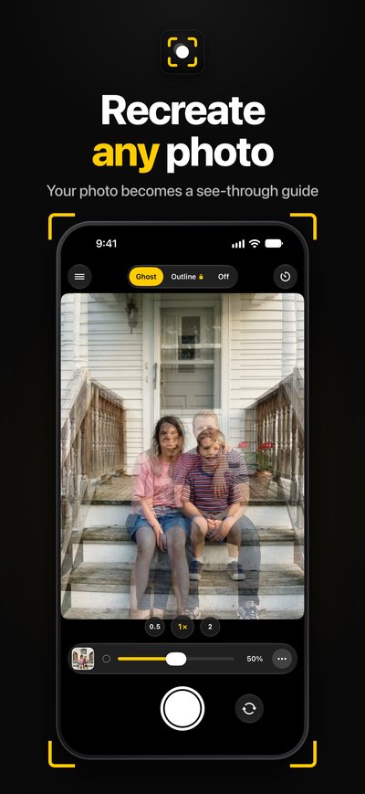 App screen: the camera with a see-through ghost of a family photo