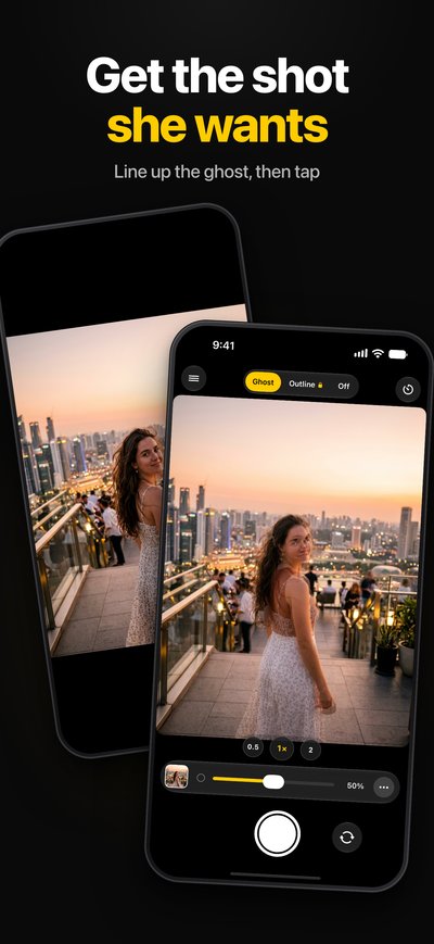 App screen: lining up a city photo with the ghost