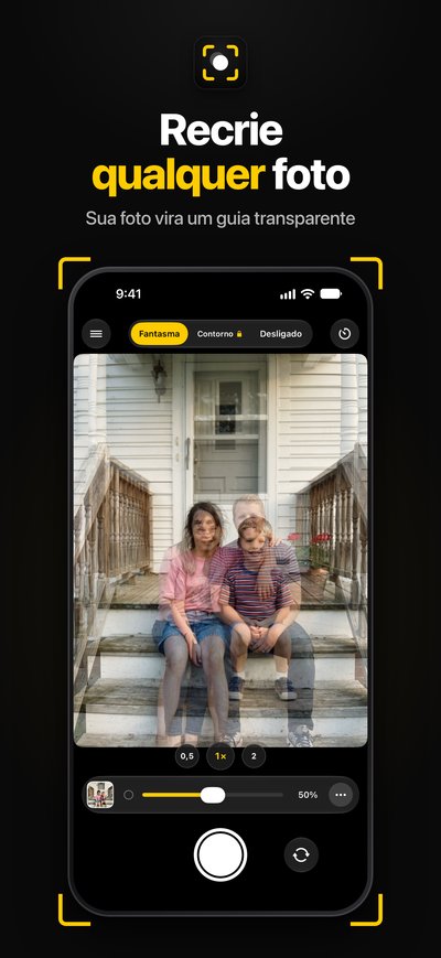 Tela do app: a câmera com o fantasma de uma foto de família